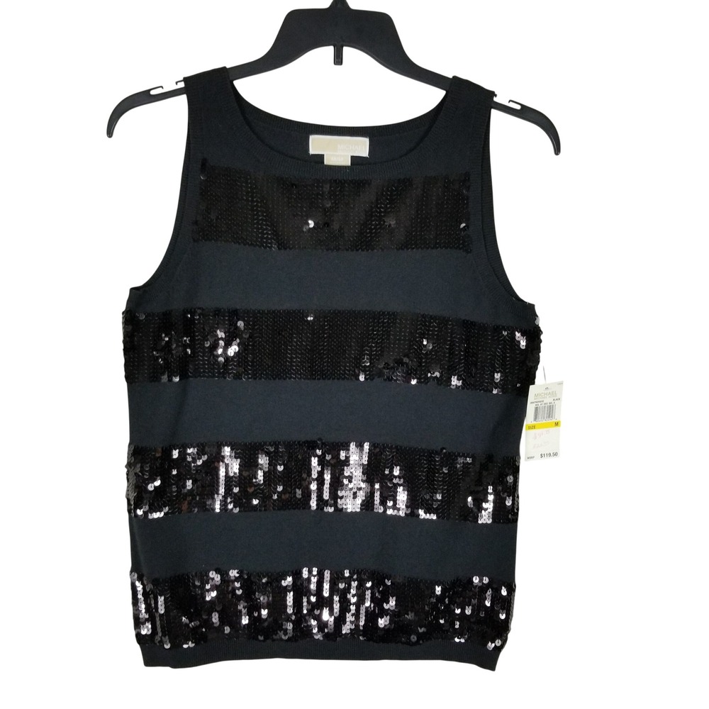Michael Kors Knit Tank Women Medium Black Sequin Striped Sleeveless Shell